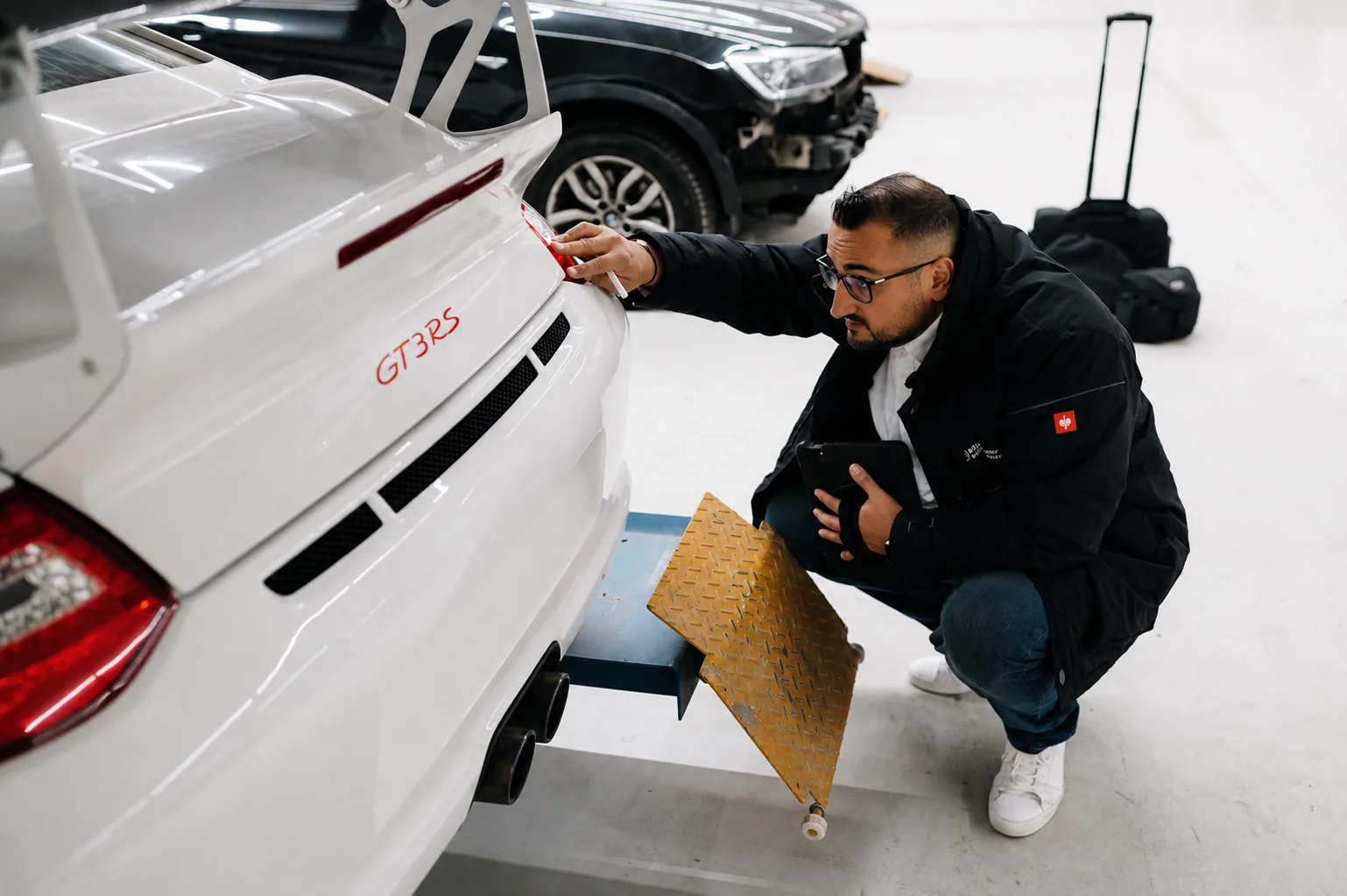 Cüneyt Kadak hockt mit Tablet am Heck eines weißen Porsche 911 GT3 RS und prüft die Heckschürze